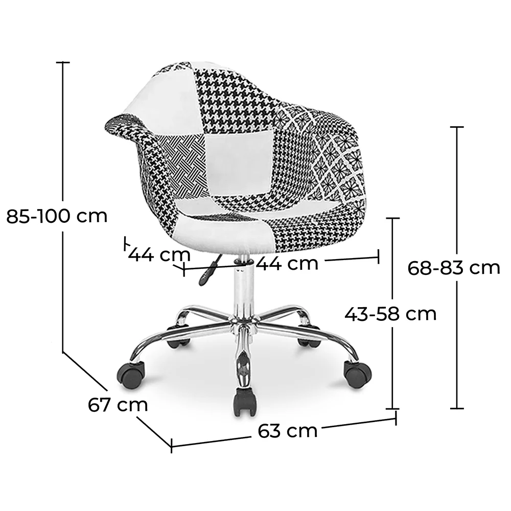 Silla de Oficina con Reposabrazos - Silla de Escritorio con Ruedas - Tapizada en Patchwork Blanco y Negro - Weston  image 10