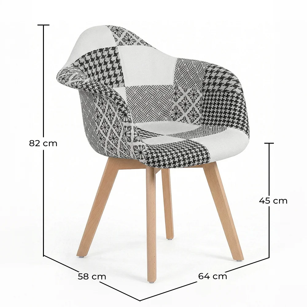 Silla de Comedor con Reposabrazos -Tapizada en Patchwork - Blanco y Negro - Dominic image 10