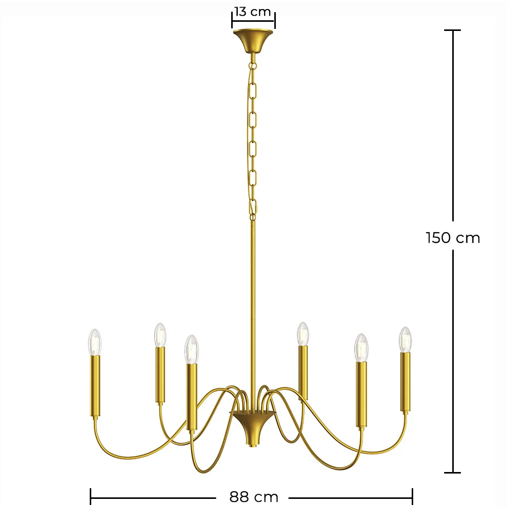 Lámpara colgante dorada de 6 brazos – Estilo candelabro moderno en metal - Vintessa image 10