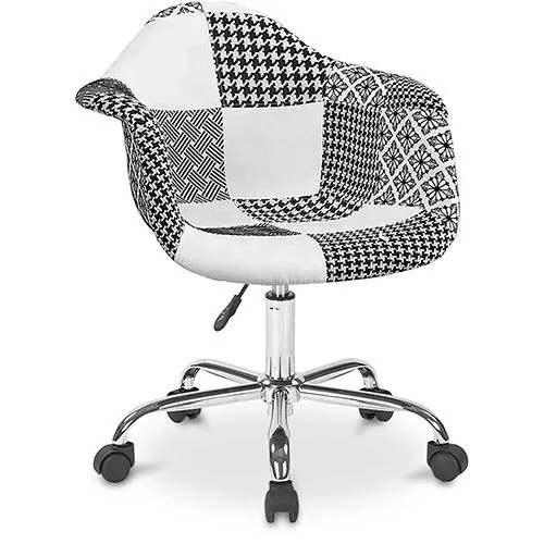Silla de Oficina con Reposabrazos - Silla de Escritorio con Ruedas - Tapizada en Patchwork Blanco y Negro - Weston  image 8
