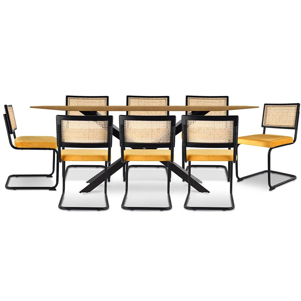 Pack Mesa de Comedor Diseño Industrial de Madera (220cm) & 8 Sillas de Comedor de Ratán Tapizado en Terciopelo - Puila image 8