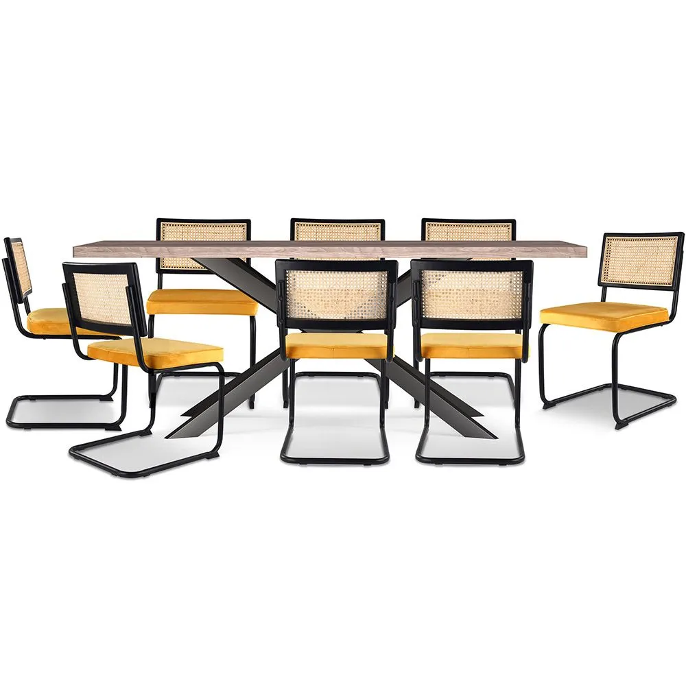 Pack Mesa de Comedor Diseño Industrial de Madera (200cm)  & 8 Sillas de Comedor de Ratán - Tapizado en Terciopelo - Puila image 8