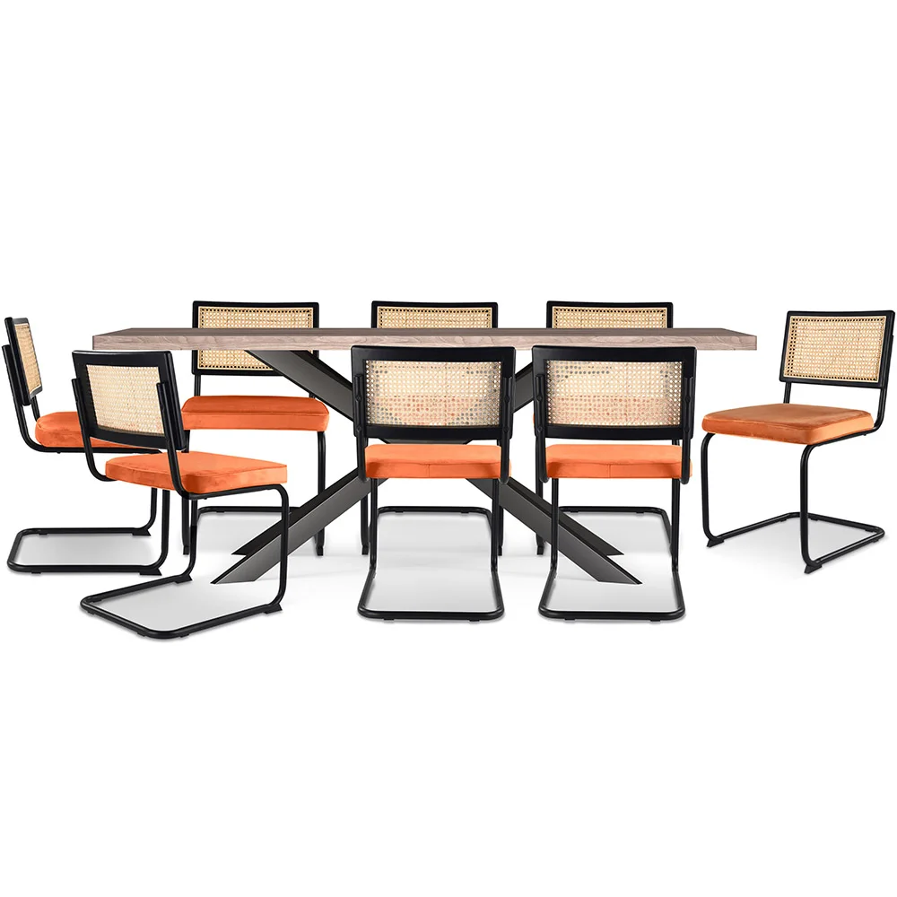 Pack Mesa de Comedor Diseño Industrial de Madera (200cm)  & 8 Sillas de Comedor de Ratán - Tapizado en Terciopelo - Puila image 8