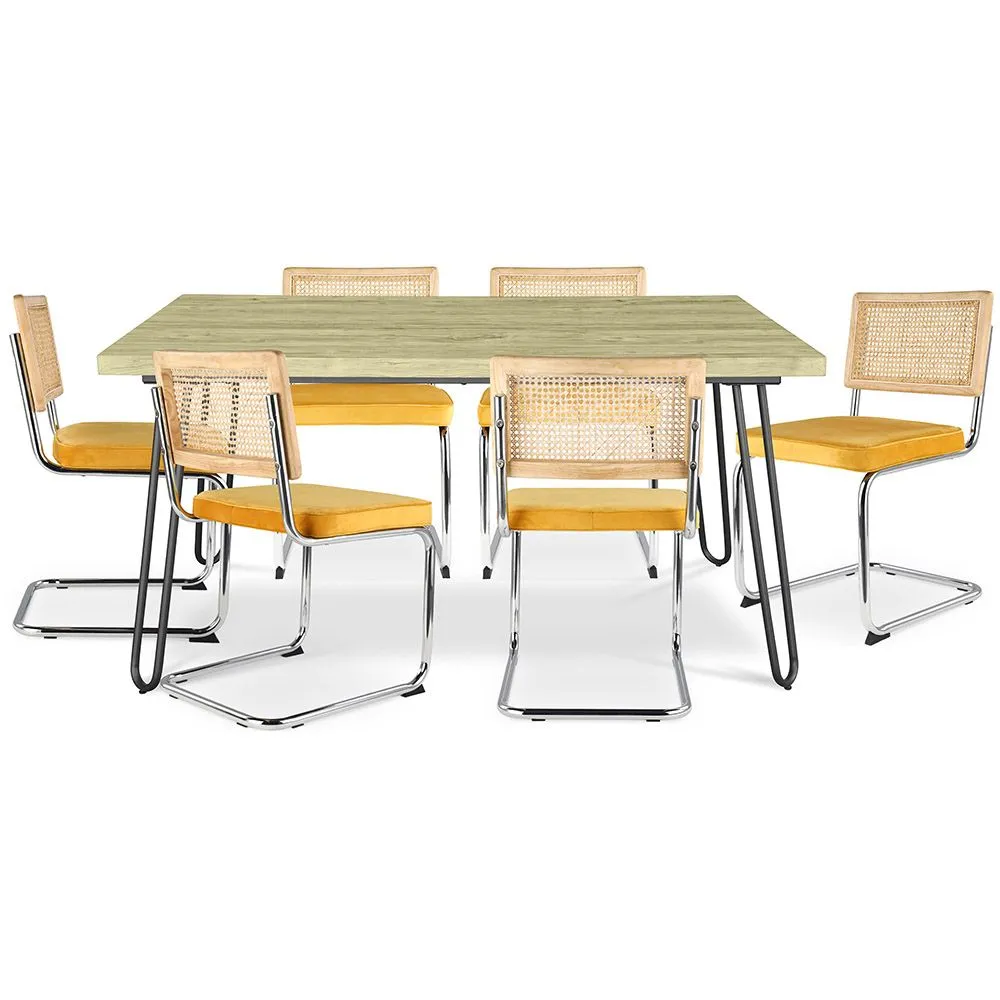 Pack Mesa de Comedor Diseño Industrial 150cm & 6 Sillas de Comedor de Ratán - Tapizado en Terciopelo - Martha image 8
