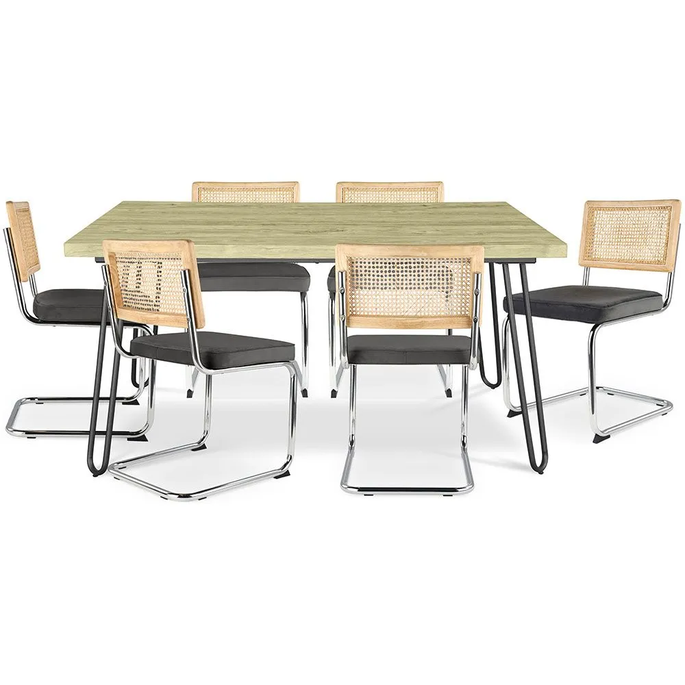 Pack Mesa de Comedor Diseño Industrial 150cm & 6 Sillas de Comedor de Ratán - Tapizado en Terciopelo - Martha image 8