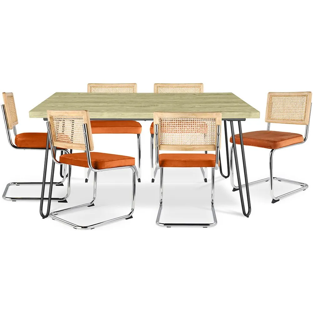 Pack Mesa de Comedor Diseño Industrial 150cm & 6 Sillas de Comedor de Ratán - Tapizado en Terciopelo - Martha image 8