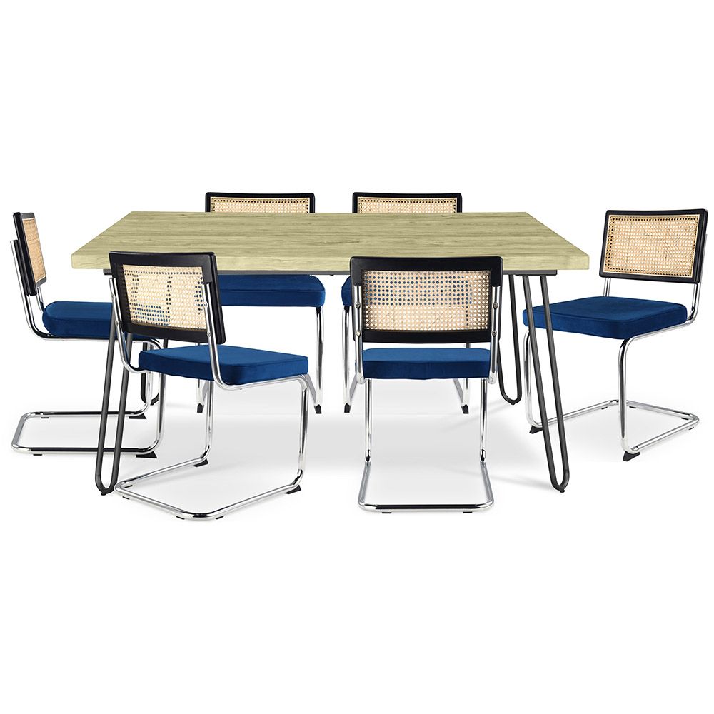 Pack Mesa de Comedor Diseño Industrial 150cm & 6 Sillas de Comedor de Ratán - Tapizado en Terciopelo - Hyre image 8