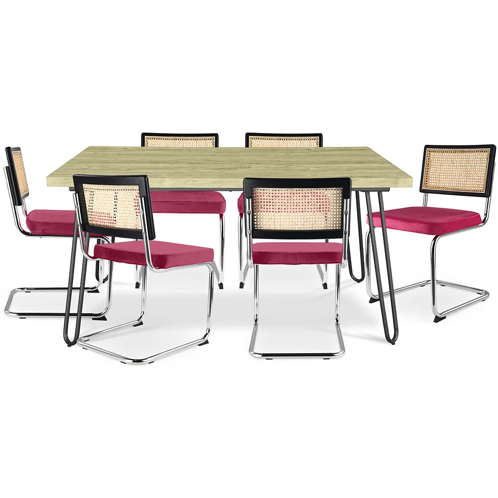 Pack Mesa de Comedor Diseño Industrial 150cm & 6 Sillas de Comedor de Ratán - Tapizado en Terciopelo - Hyre image 8
