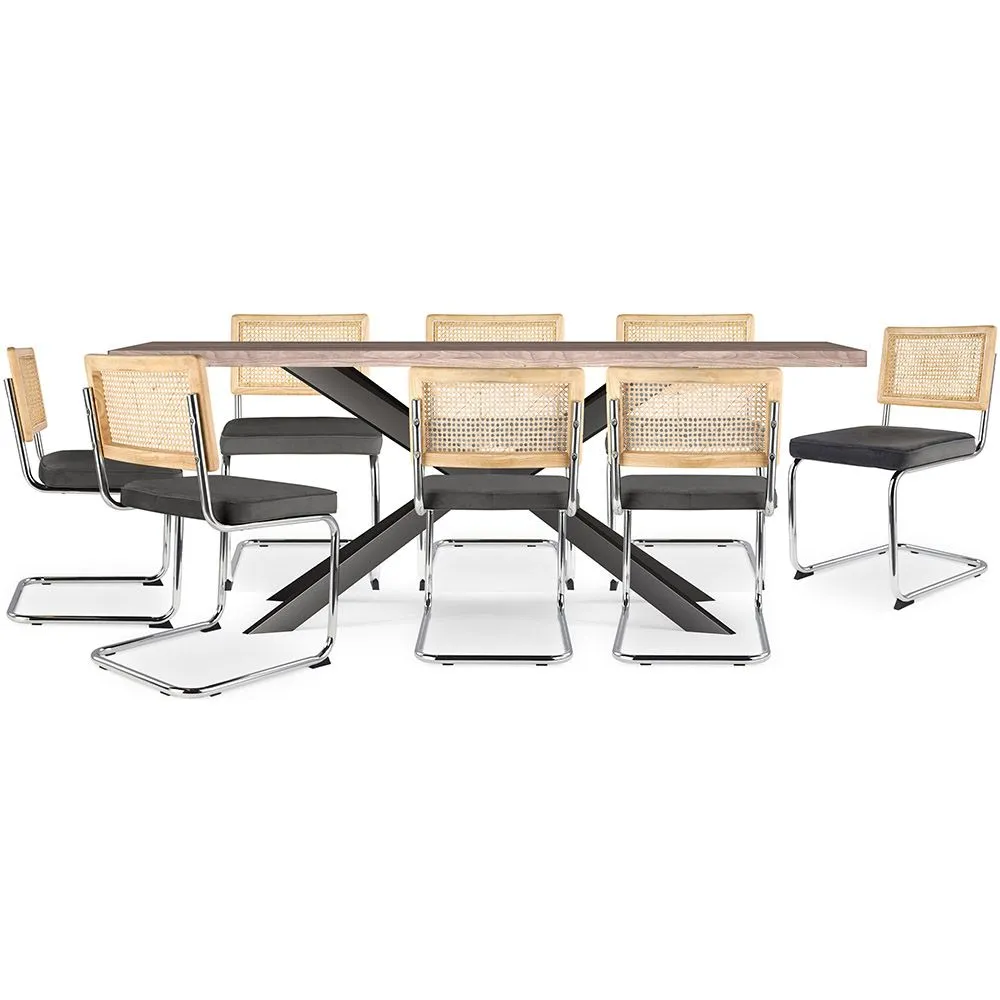 Pack Mesa de Comedor Diseño Industrial de Madera (200cm)  & 8 Sillas de Comedor de Ratán - Tapizado en Terciopelo - Martha image 8