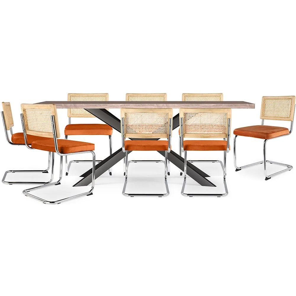 Pack Mesa de Comedor Diseño Industrial de Madera (200cm)  & 8 Sillas de Comedor de Ratán - Tapizado en Terciopelo - Martha image 8