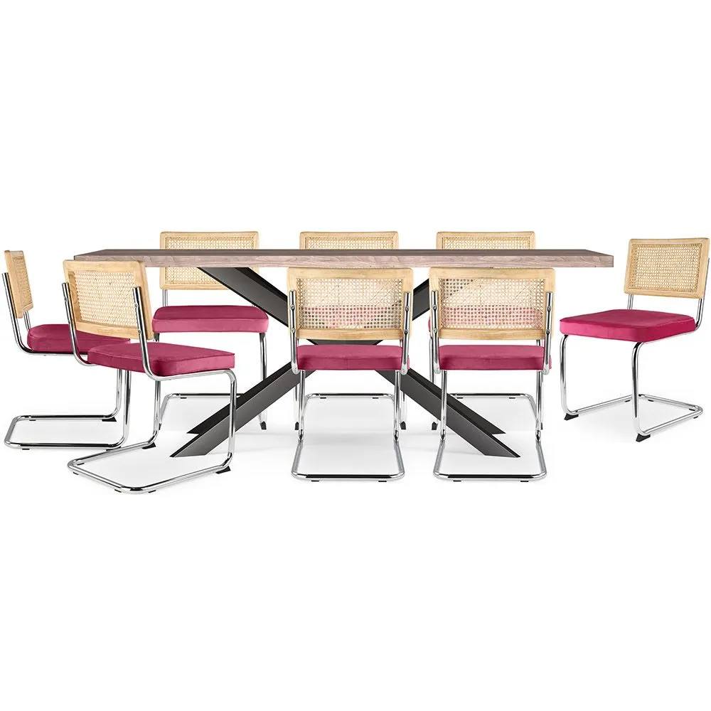 Pack Mesa de Comedor Diseño Industrial de Madera (200cm)  & 8 Sillas de Comedor de Ratán - Tapizado en Terciopelo - Martha image 8
