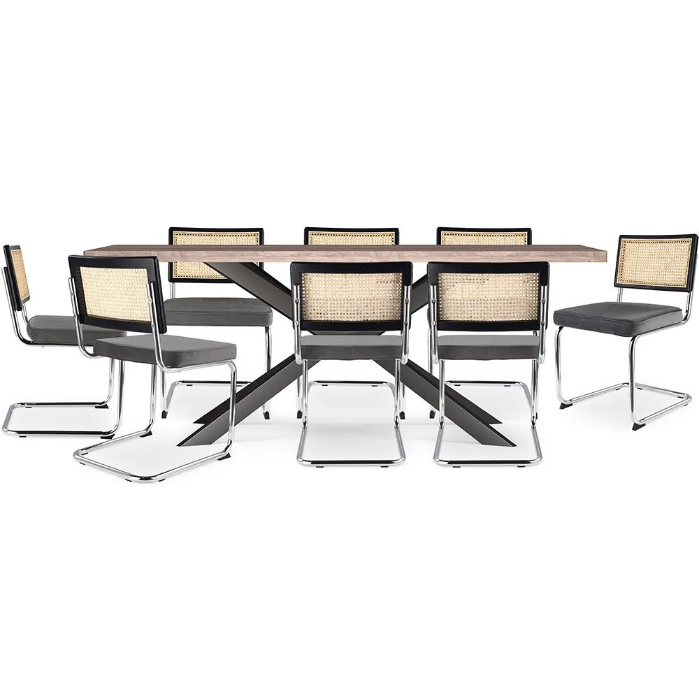 Pack Mesa de Comedor Diseño Industrial de Madera (200cm)  & 8 Sillas de Comedor de Ratán - Tapizado en Terciopelo - Hyre image 8