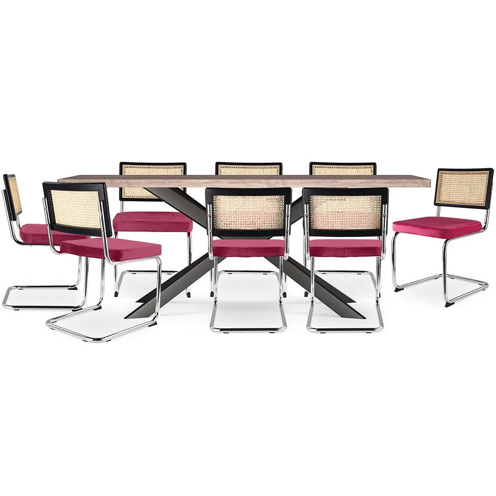 Pack Mesa de Comedor Diseño Industrial de Madera (200cm)  & 8 Sillas de Comedor de Ratán - Tapizado en Terciopelo - Hyre image 8
