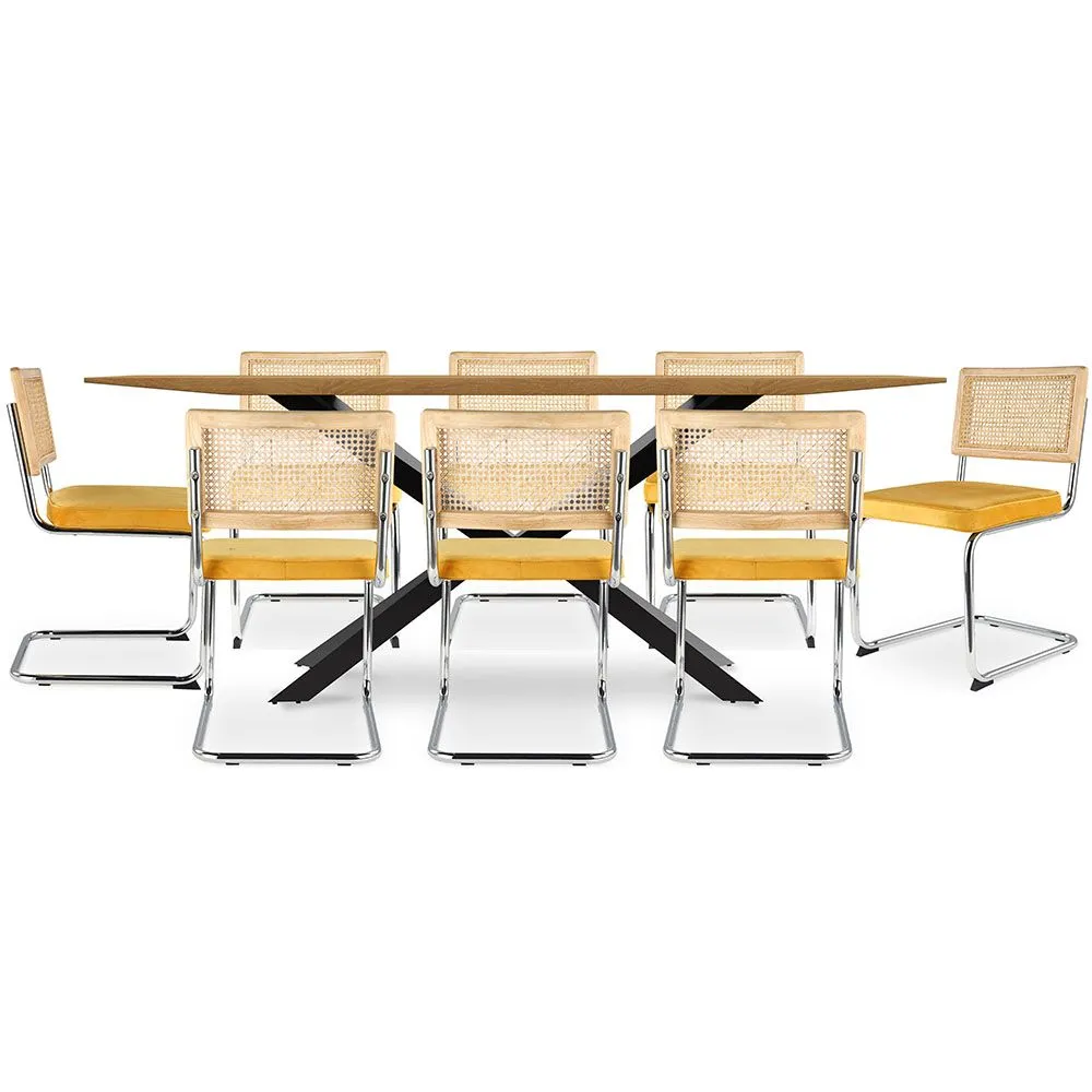 Pack Mesa de Comedor Diseño Industrial de Madera (220cm)  & 8 Sillas de Comedor de Ratán - Tapizado en Terciopelo - Martha image 8