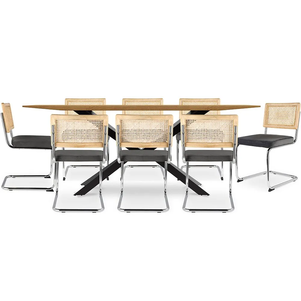 Pack Mesa de Comedor Diseño Industrial de Madera (220cm)  & 8 Sillas de Comedor de Ratán - Tapizado en Terciopelo - Martha image 8