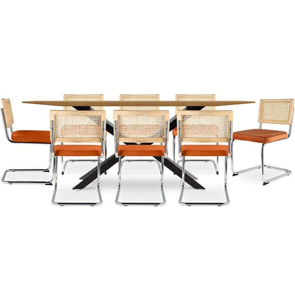 Pack Mesa de Comedor Diseño Industrial de Madera (220cm)  & 8 Sillas de Comedor de Ratán - Tapizado en Terciopelo - Martha image 8