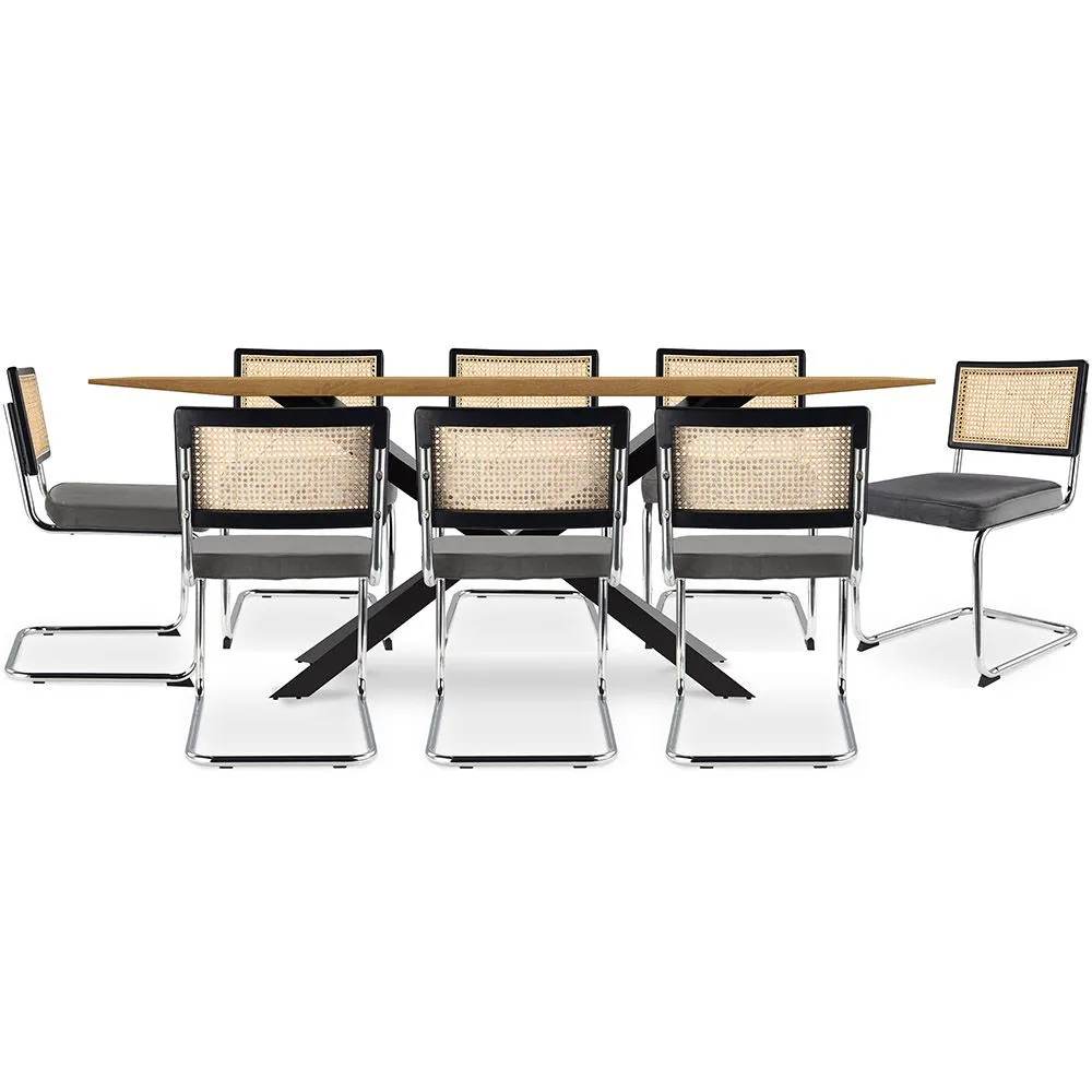 Pack Mesa de Comedor Diseño Industrial de Madera (220cm) & 8 Sillas de Comedor de Ratán - Tapizado en Terciopelo - Hyre image 8